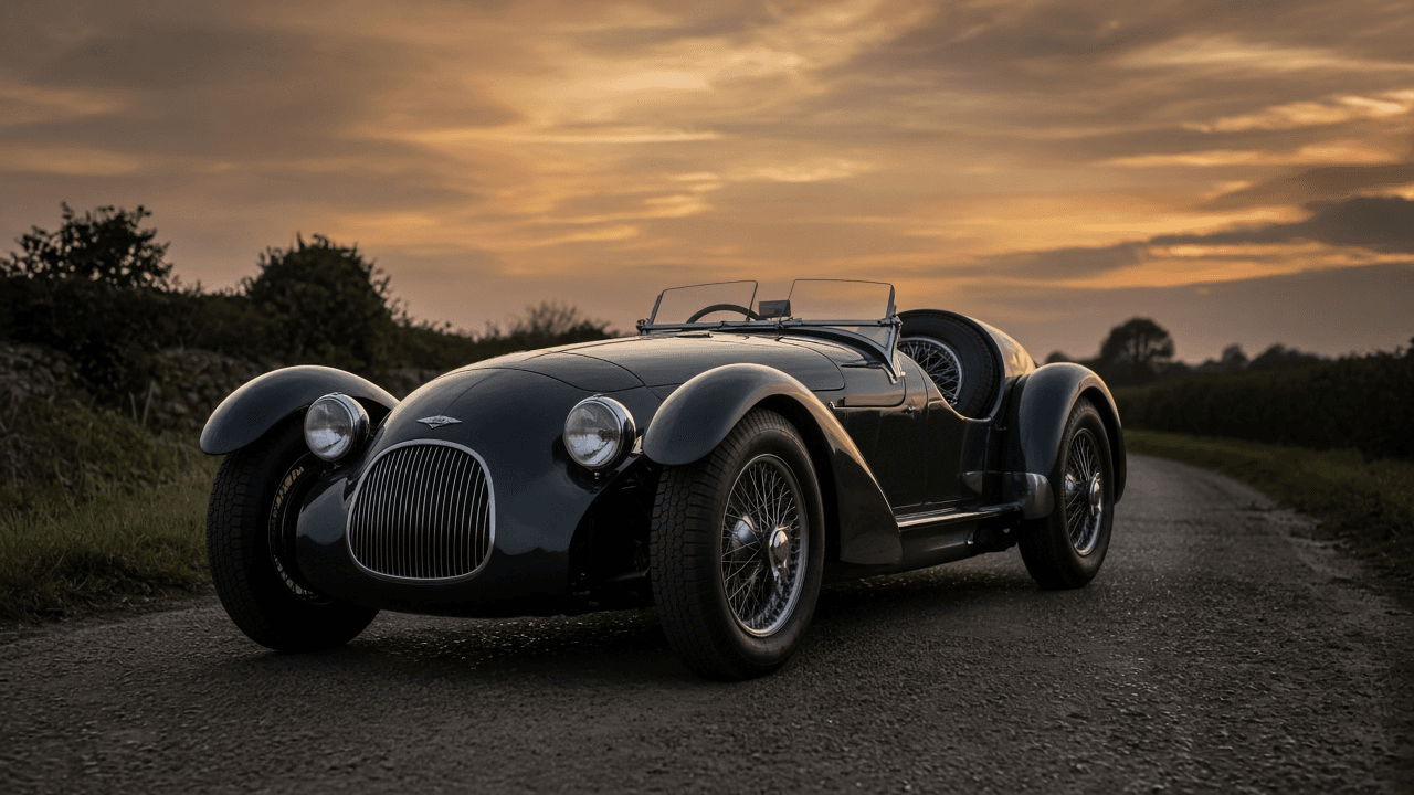 Illustration of a dark green 1950 Healey Silverstone roadster on a country road at dusk