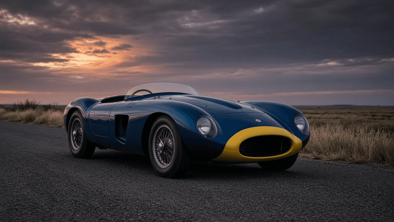Illustration of the 1952 Lazzarino sports-racing prototype in blue with a yellow nose