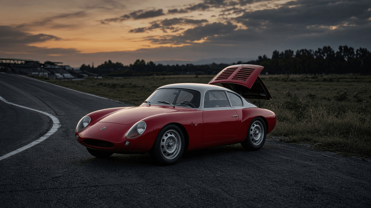 Illustration of a red 1957 Fiat-Abarth 750 Record Monza Zagato coupe with its engine lid propped open