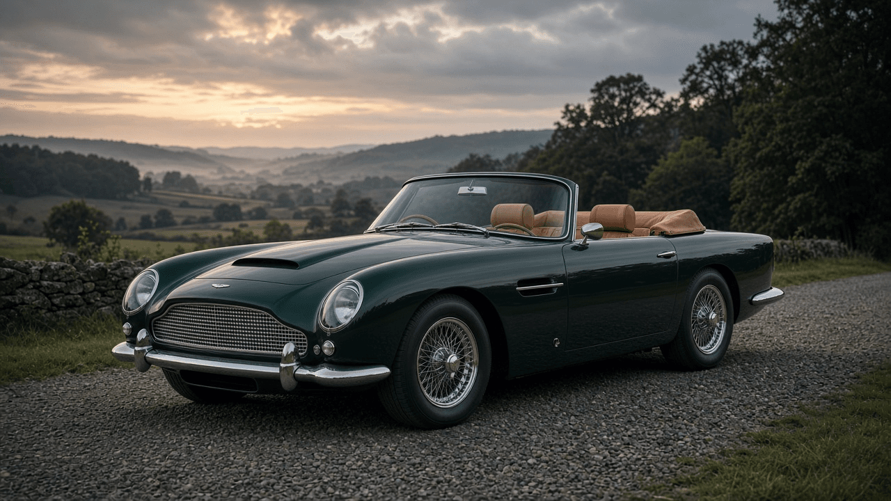 Illustration of a green 1962 Aston Martin DB4 Vantage Convertible with tan leather seats