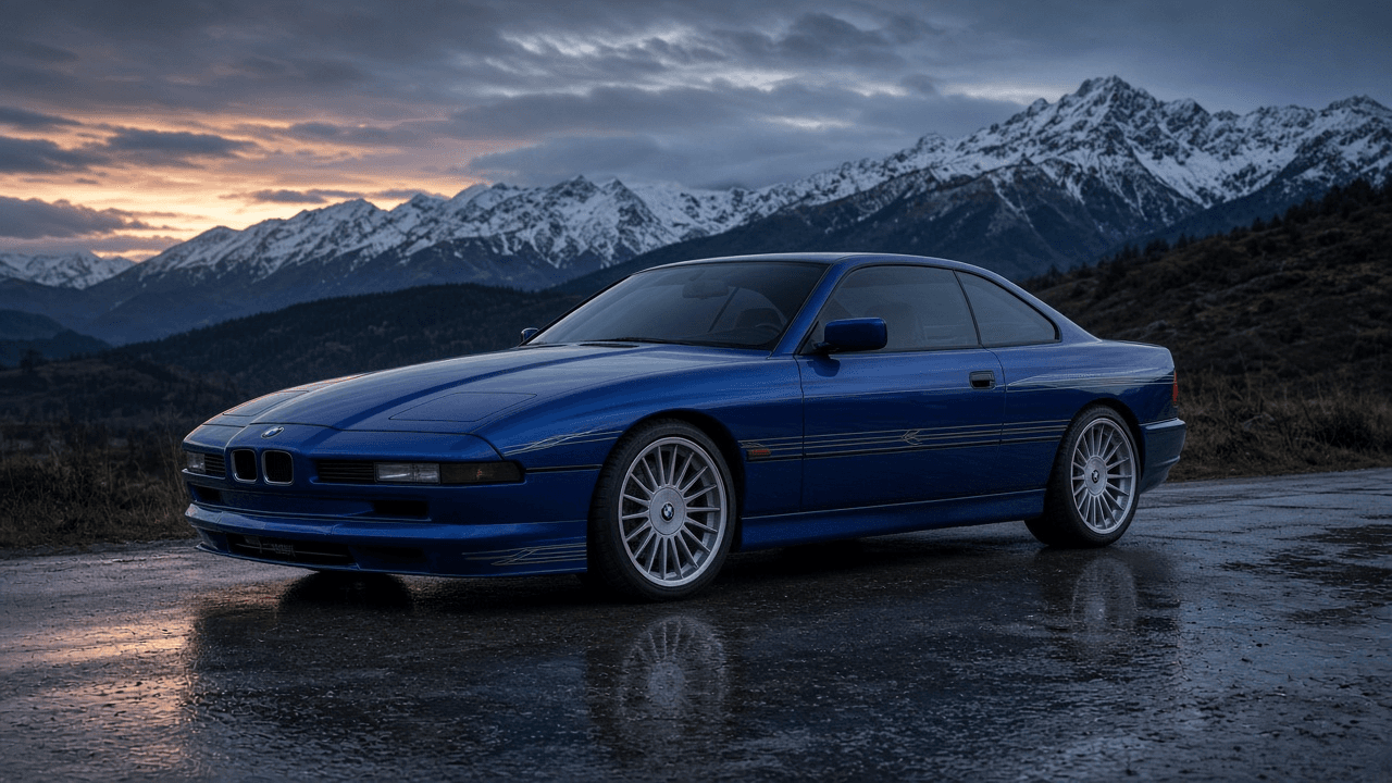 Illustration of a blue 1992 Alpina B12 5.0 coupe on a wet mountain road at dusk