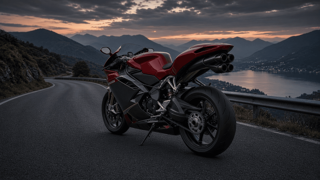 Illustration of a red and carbon MV Agusta F4CC seen from the rear, showing its four under-seat exhausts