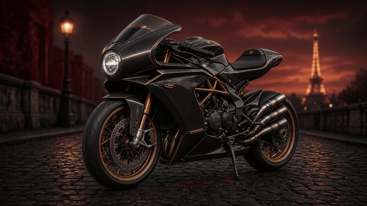 Illustration of a carbon-and-gold MV Agusta Superveloce 1000 Serie Oro on a Paris street at night